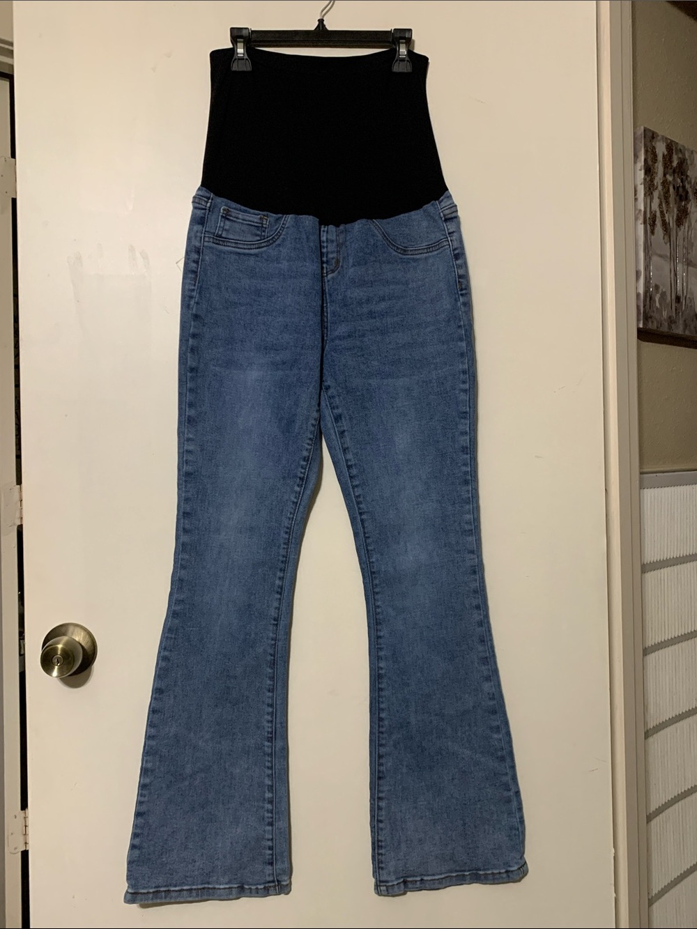 Maternity Wide-Leg Flare Jeans with Black Overband - Blue